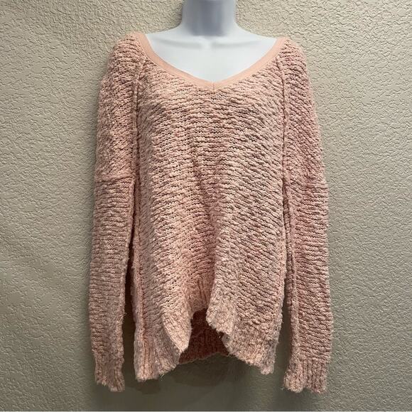 free people | finders keepers textured v-neck pink cotton sweater - Picture 2 of 9